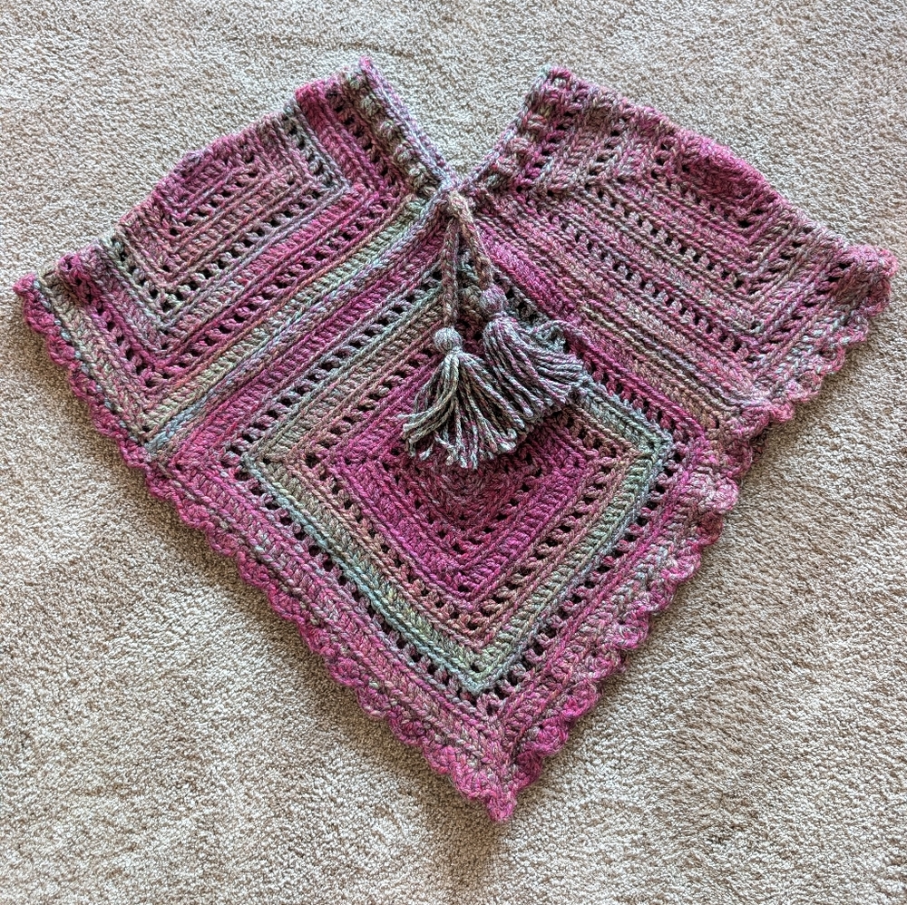 Handmade Crocheted Poncho in Pink and Sage
